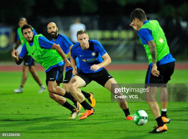 Players of FC Internazionale attend a training session ahead of 2017 International Champions Cup football match between Olympique Lyonnais and FC...