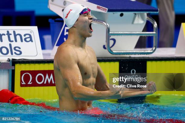 Yang Sun of China celebrates winning gold in the Men's 400m Freestyle Final on day ten of the Budapest 2017 FINA World Championships on July 23, 2017...