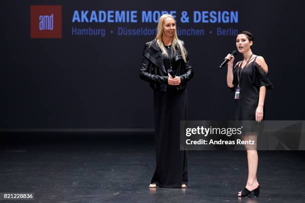 Christine Kubatta and Julia Israel speaking at the opening of the AMD Exit.17_2 show during Platform Fashion July 2017 at Areal Boehler on July 23,...