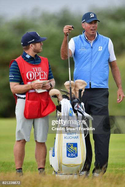 Matt Kuchar of the United States with his caddie John Wood on the 9th hole during the final round of the 146th Open Championship at Royal Birkdale on...