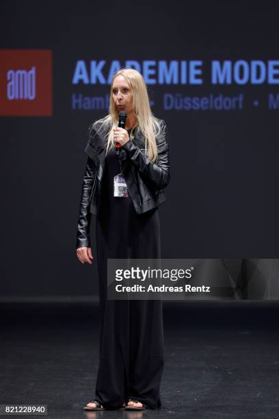 Christine Kubatta speaks at the opening of the AMD Exit.17_2 show during Platform Fashion July 2017 at Areal Boehler on July 23, 2017 in Duesseldorf,...