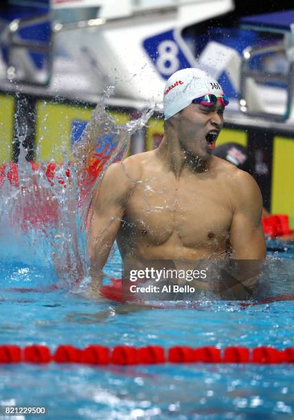 Yang Sun of China celebrates winning gold in the Men's 400m Freestyle Final on day ten of the Budapest 2017 FINA World Championships on July 23, 2017...