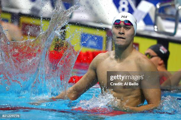 Yang Sun of China celebrates winning gold in the Men's 400m Freestyle Final on day ten of the Budapest 2017 FINA World Championships on July 23, 2017...