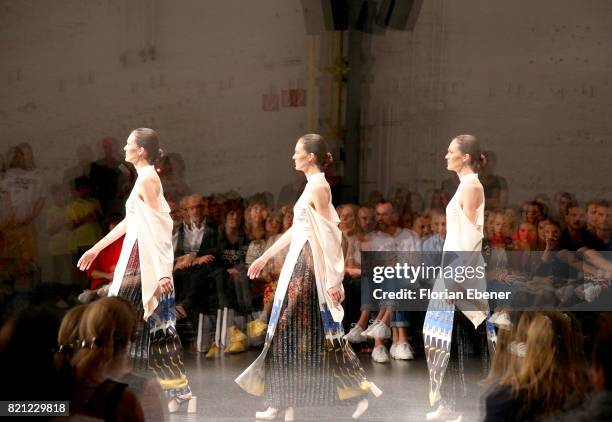 Model walks the runway for Yannica Shu's show 'RECONCEPTION' at the AMD Exit.17_2 show during Platform Fashion July 2017 at Areal Boehler on July 23,...