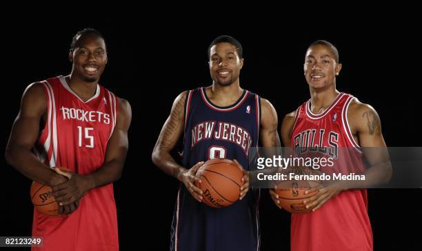 Joey Dorsey of the Houston Rockets, Chris Douglas-Roberts of the New Jersey Nets and Derrick Rose of the Chicago Bulls pose for a portrait during the...