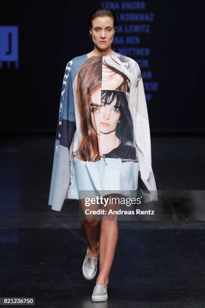 Model walks the runway for the 'Project Upcycling' show during the AMD Exit.17_2 show during Platform Fashion July 2017 at Areal Boehler on July 23,...