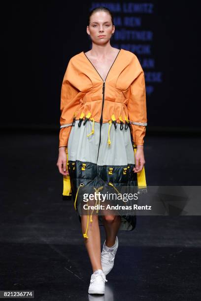 Model walks the runway for the 'Project Upcycling' show during the AMD Exit.17_2 show during Platform Fashion July 2017 at Areal Boehler on July 23,...