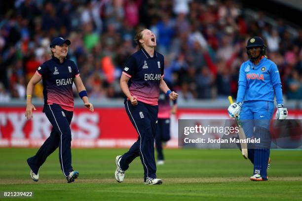 Anya Shrubsole of England celebrates dismissing Veda Krishnamurthy of India during the ICC Women's World Cup 2017 Final between England and India at...