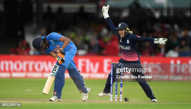 England wicketkeeper Sarah Taylor celebrates after bowler Anya Shrubsole bowls India batsman Jhulan Goswami during the ICC Women's World Cup 2017...