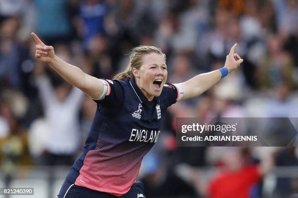 England's Anya Shrubsole celebrates taking the wicket of India's Jhulan Goswami during the ICC Women's World Cup cricket final between England and...