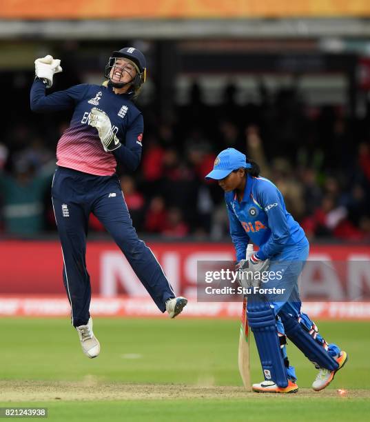 England wicketkeeper Sarah Taylor ceebrates the final India wicket during the ICC Women's World Cup 2017 Final between England and India at Lord's...