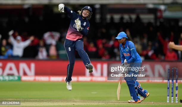 England wicketkeeper Sarah Taylor ceebrates the final India wicket during the ICC Women's World Cup 2017 Final between England and India at Lord's...