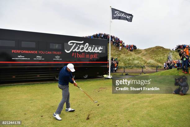 Jordan Spieth of the United States hits his third shot from the practice range on the 13th hole during the final round of the 146th Open Championship...