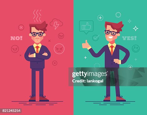 Boos en positieve zakenlieden. Grappige vector tekens met stemming pictogrammen op achtergrond. Boos en positieve zakenlieden. Grappige vector tekens met stemming pictogrammen op achtergrond.