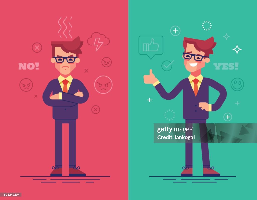 Empresários com raiva e positivos. Personagens engraçados vector com ícones de humor no fundo.