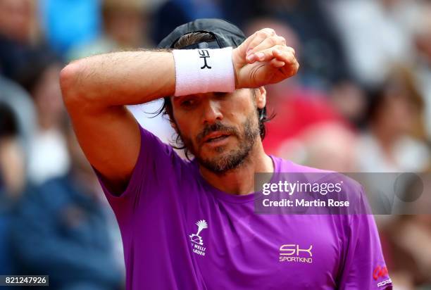 Tommy Haas of Germany reacts during the Manhagen Classics against Michael Stich of Germany at Rothenbaum on July 23, 2017 in Hamburg, Germany.