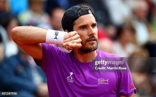 Tommy Haas of Germany reacts during the Manhagen Classics against Michael Stich of Germany at Rothenbaum on July 23, 2017 in Hamburg, Germany.