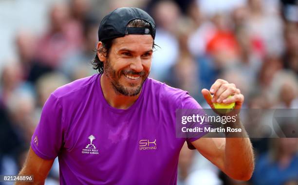 Tommy Haas of Germany reacts during the Manhagen Classics against Michael Stich of Germany at Rothenbaum on July 23, 2017 in Hamburg, Germany.