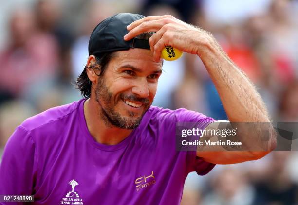 Tommy Haas of Germany reacts during the Manhagen Classics against Michael Stich of Germany at Rothenbaum on July 23, 2017 in Hamburg, Germany.