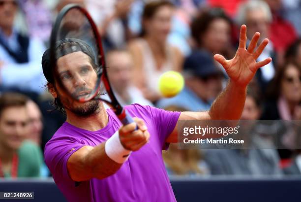 Tommy Haas of Germany plays a forehand during the Manhagen Classics against Michael Stich of Germany at Rothenbaum on July 23, 2017 in Hamburg,...