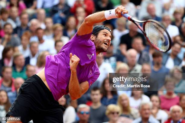 Tommy Haas of Germany serves during the Manhagen Classics against Michael Stich of Germany at Rothenbaum on July 23, 2017 in Hamburg, Germany.