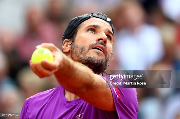 Tommy Haas of Germany serves during the Manhagen Classics against Michael Stich of Germany at Rothenbaum on July 23, 2017 in Hamburg, Germany.