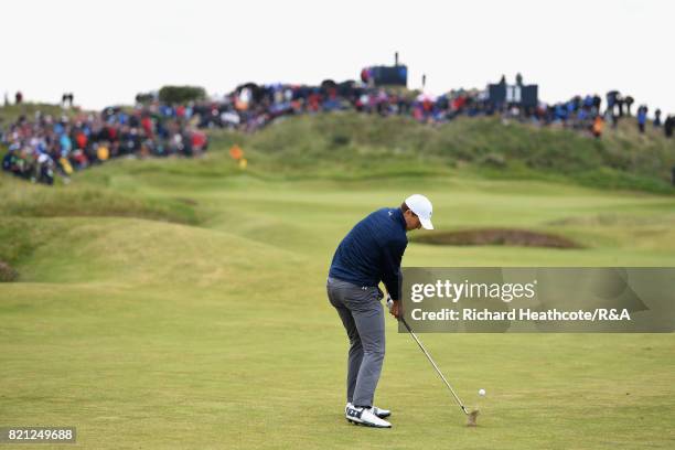 Jordan Spieth of the United States hits an approach shot on the 11th hole during the final round of the 146th Open Championship at Royal Birkdale on...