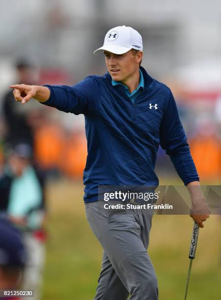 Jordan Spieth of the United States celebrates an eagle on the 15th hole during the final round of the 146th Open Championship at Royal Birkdale on...