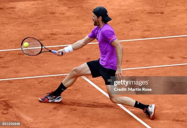 Tommy Haas of Germany plays a forehand during the Manhagen Classics against Michael Stich of Germany at Rothenbaum on July 23, 2017 in Hamburg,...