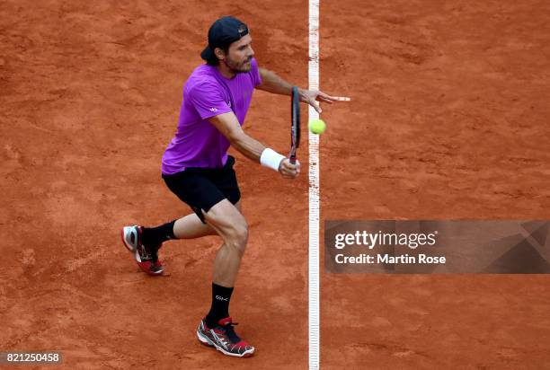 Tommy Haas of Germany plays a forehand during the Manhagen Classics against Michael Stich of Germany at Rothenbaum on July 23, 2017 in Hamburg,...