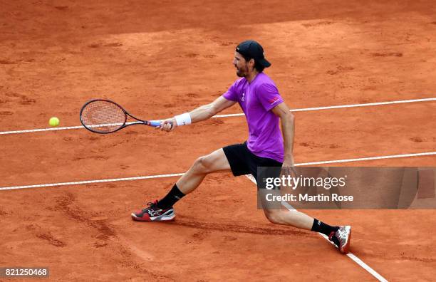 Tommy Haas of Germany plays a forehand during the Manhagen Classics against Michael Stich of Germany at Rothenbaum on July 23, 2017 in Hamburg,...