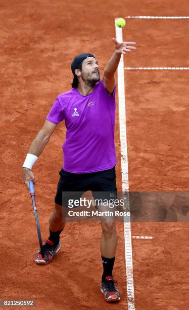 Tommy Haas of Germany serves during the Manhagen Classics against Michael Stich of Germany at Rothenbaum on July 23, 2017 in Hamburg, Germany.