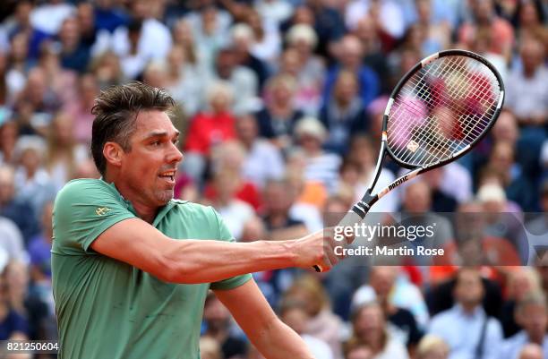 Michael Stich of Germany plays a forehand during the Manhagen Classics against Michael Stich of Germany at Rothenbaum on July 23, 2017 in Hamburg,...