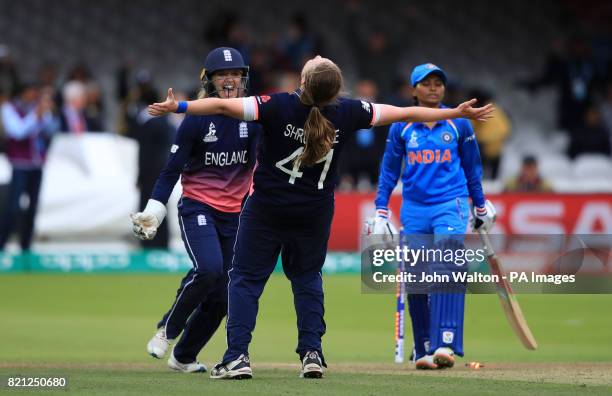 England's Anya Shrubsole celebrates the wicket of India's Rajeshwari Gayakwad during the ICC Women's World Cup Final at Lord's, London.