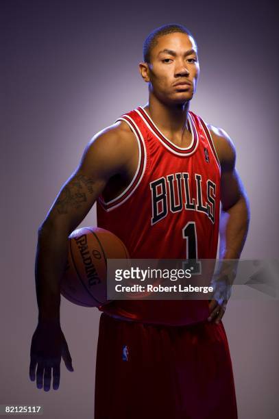 Derrick Rose of the Chicago Bulls poses for a portrait during the 2008 NBA Rookie Photo Shoot on July 29, 2008 at the MSG Training Facility in...