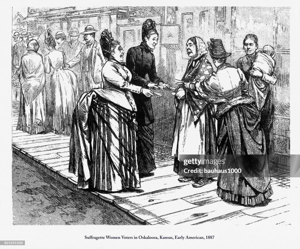 Suffragette Women Voters in Oskaloosa, Kansas, Early American Engraving, 1887