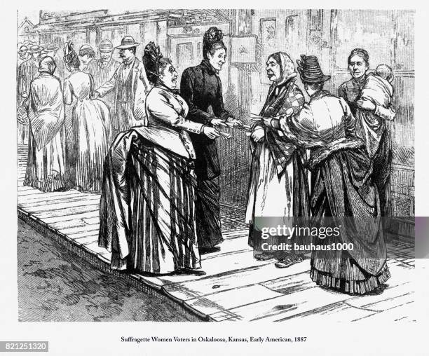 suffragette women voters in oskaloosa, kansas, early american engraving, 1887 - womens rights stock illustrations