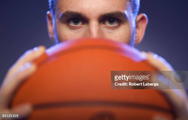 Kevin Love of the Minnesota Timberwolves poses for a portrait during the 2008 NBA Rookie Photo Shoot on July 29, 2008 at the MSG Training Facility in...