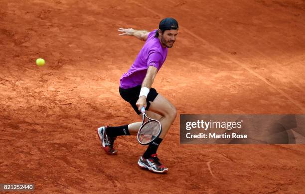 Tommy Haas of Germany plays a backhand during the Manhagen Classics against Michael Stich of Germany at Rothenbaum on July 23, 2017 in Hamburg,...