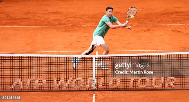 Michael Stich of Germany plays a backhand during the Manhagen Classics against Michael Stich of Germany at Rothenbaum on July 23, 2017 in Hamburg,...