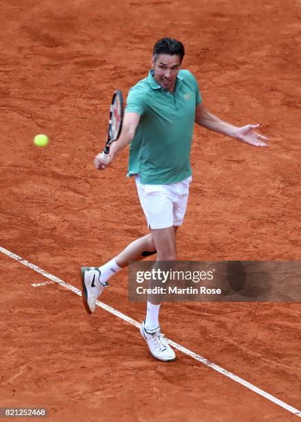 Michael Stich of Germany plays a backhand during the Manhagen Classics against Michael Stich of Germany at Rothenbaum on July 23, 2017 in Hamburg,...