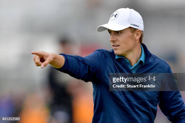 Jordan Spieth of the United States celebrates an eagle on the 15th hole during the final round of the 146th Open Championship at Royal Birkdale on...