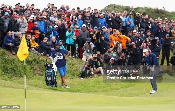 Jordan Spieth of the United States chips on the 13th hole during the final round of the 146th Open Championship at Royal Birkdale on July 23, 2017 in...