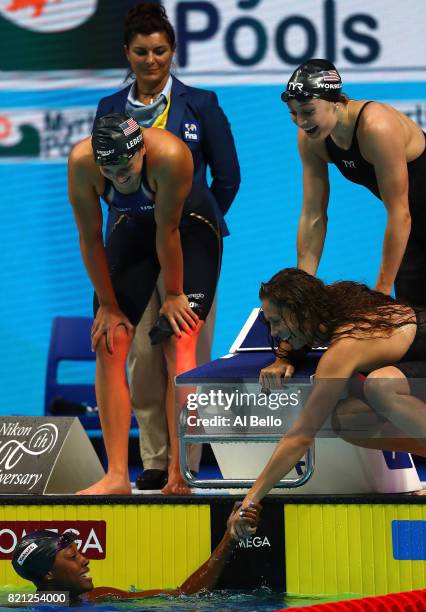 The United States celebrate winning the Women's 4x100m Freestyle Final on day ten of the Budapest 2017 FINA World Championships on July 23, 2017 in...