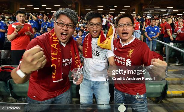 Fans of Liverpool during the Premier League Asia Trophy match between Liverpool FC and Leicester City FC at the Hong Kong Stadium on July 22, 2017 in...