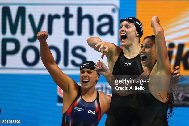 The United States celebrate winning the Women's 4x100m Freestyle Final on day ten of the Budapest 2017 FINA World Championships on July 23, 2017 in...