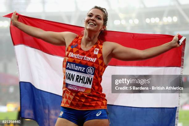 Marlou van Rhijn of Netherlands celebrates after winning gold in the Womens 200m T44 final during day ten of the IPC World ParaAthletics...