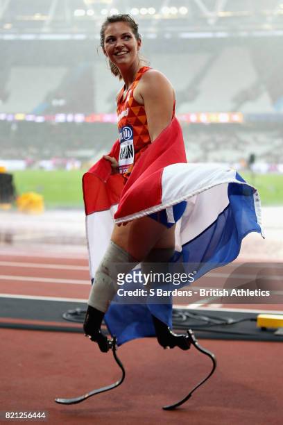 Marlou van Rhijn of Netherlands celebrates after winning gold in the Womens 200m T44 final during day ten of the IPC World ParaAthletics...