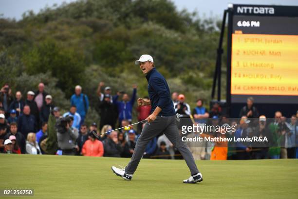 Jordan Spieth of the United States celebrates a birdie putt on the 16th hole during the final round of the 146th Open Championship at Royal Birkdale...