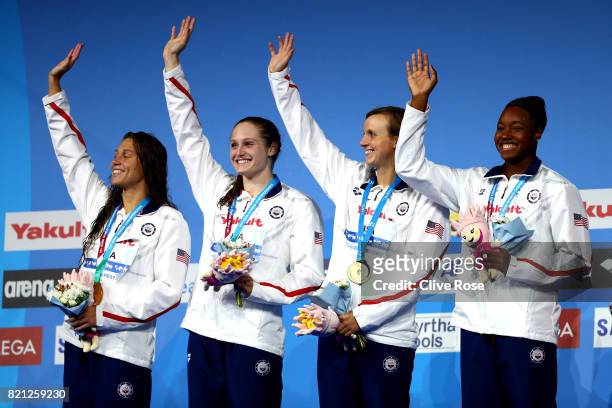 The United States celebrate winning Gold in the Women's 4x100m Freestyle Final on day ten of the Budapest 2017 FINA World Championships on July 23,...